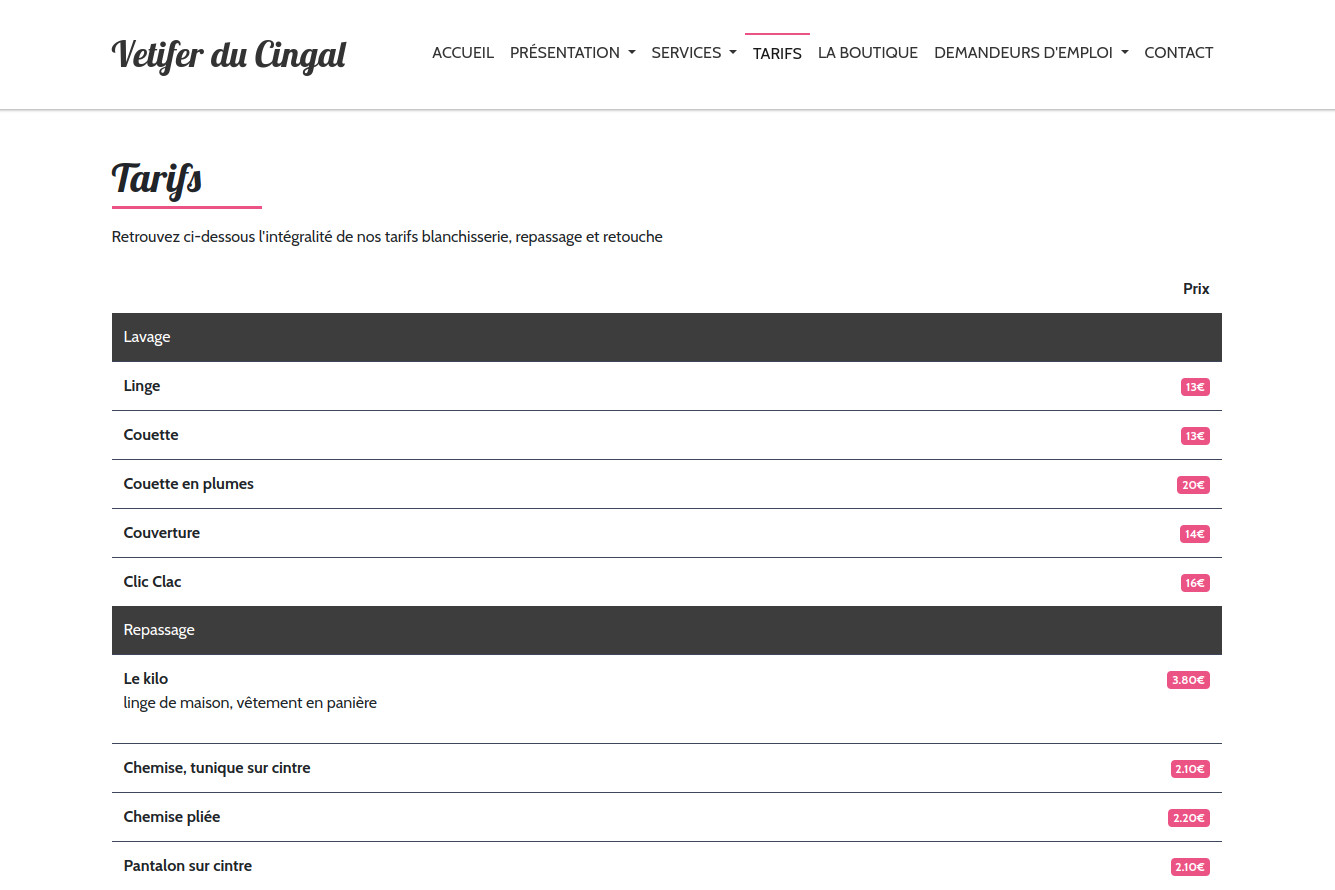 Page de tarifs du site internet vétifer