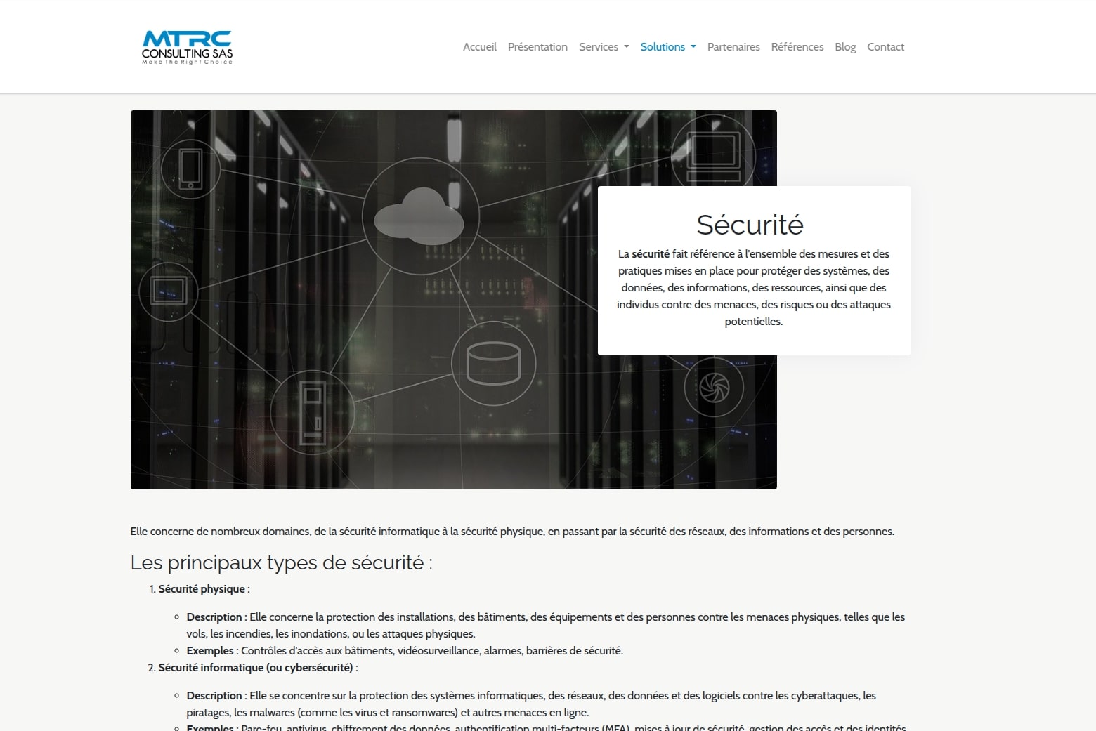 Page de présentation des solutions de sécurité proposées par MTRC